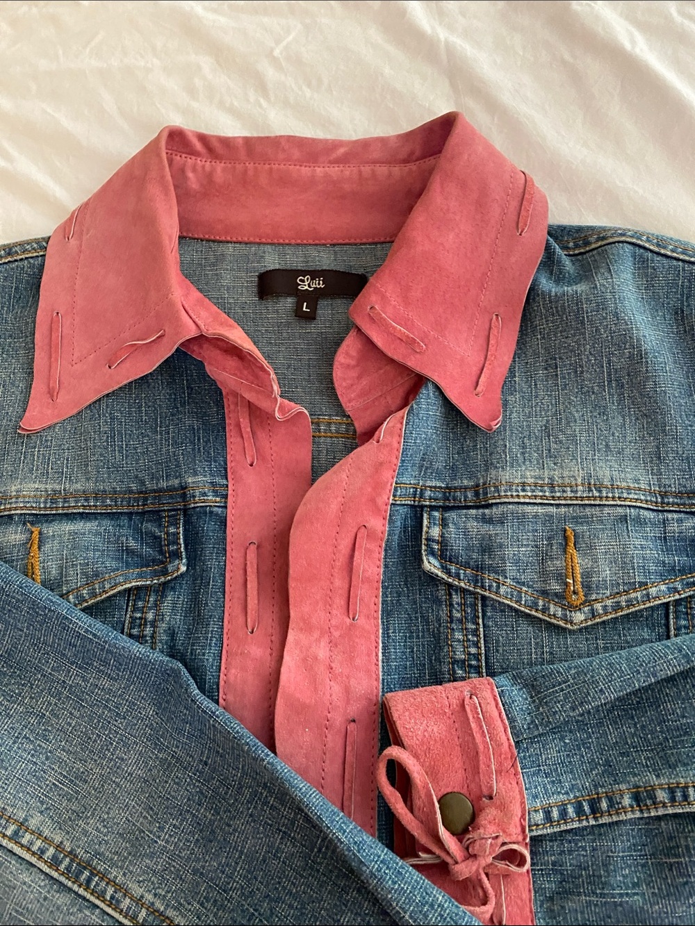 Luii Denim Jacket with Pink Suede Trim